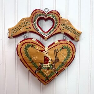 Vintage 1995 Hand Painted Seasons Greetings Christmas Wood Wall Hanging